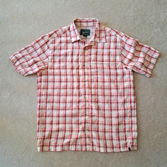 Woolrich Men's Plaid Shirt Size Large Red Beige Short Slv Casual Button Front - Picture 1 of 11